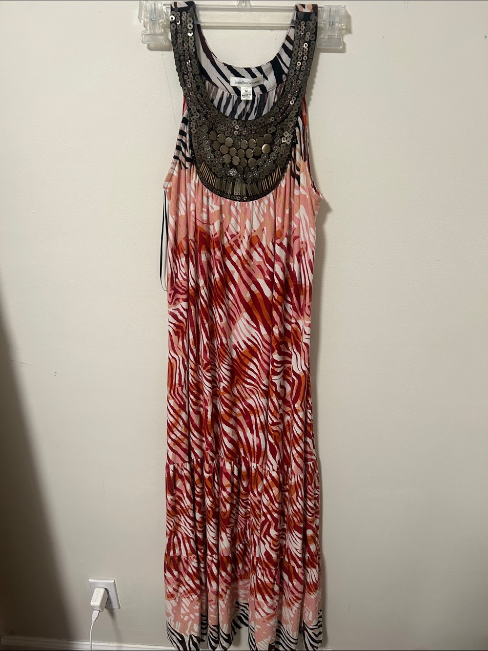 JohnPaulRichard Pink & Red Patterned Maxi Dress with Embellished Collar